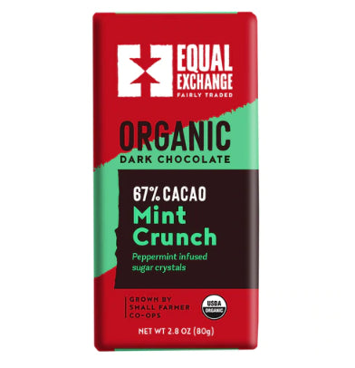 A photo of a chocolate bar that is all organic and fair trade from Equal Exchange. 'Grown by Small farmer co-ops'. This chocolate bar is the 67% Mint Crunch Dark Chocolate.