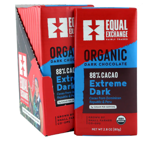 A photo of a chocolate bar that is all organic and fair trade from Equal Exchange. 'Grown by Small farmer co-ops'. This chocolate bar is the 88% Extreme Dark Chocolate. 