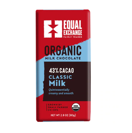 A photo of a chocolate bar that is all organic and fair trade from Equal Exchange. 'Grown by Small farmer co-ops'. This chocolate bar is the 43% Classic Milk Chocolate. 