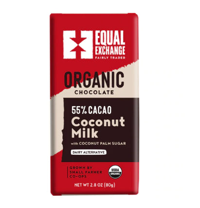 A photo of a chocolate bar that is all organic and fair trade from Equal Exchange. 'Grown by Small farmer co-ops'. This chocolate bar is the 55% Coconut Milk Chocolate with coconut palm sugar. . 