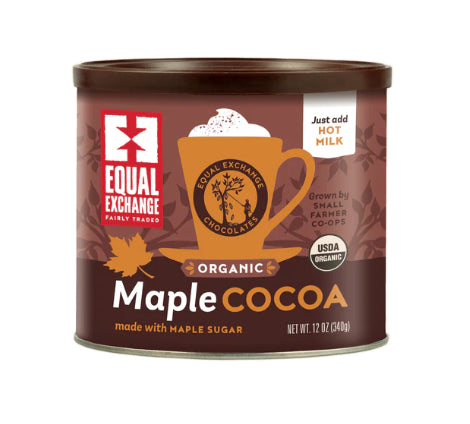 A photo of cocoa that is all organic and fair trade from Equal Exchange. 'Grown by Small farmer co-ops'. This cocoa is the Maple cocoa flavor made with maple sugar. 