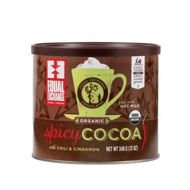 A photo of cocoa that is all organic and fair trade from Equal Exchange. 'Grown by Small farmer co-ops'. This cocoa is the Spicy cocoa flavor made with chili and cinnamon. 