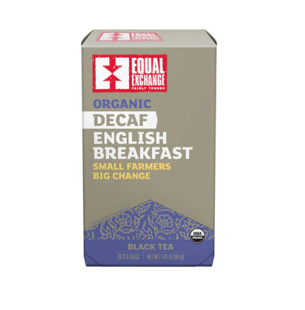 A photo of a box of 20 tea bags of English Breakfast Black Tea - caffeine free from Equal Exchange - all organic and fair trade. 'Small Farmers, Big Change'