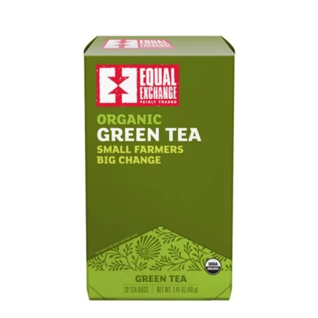 A photo of a box of 20 tea bags of Green Tea from Equal Exchange - all organic and fair trade. 'Small Farmers, Big Change'