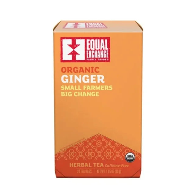 A photo of a box of 20 tea bags of Ginger Herbal Tea - caffeine free from Equal Exchange - all organic and fair trade. 'Small Farmers, Big Change'