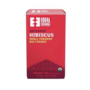 A photo of a box of 20 tea bags of Hibiscus Herbal Tea - caffeine free from Equal Exchange - all organic and fair trade. 'Small Farmers, Big Change'