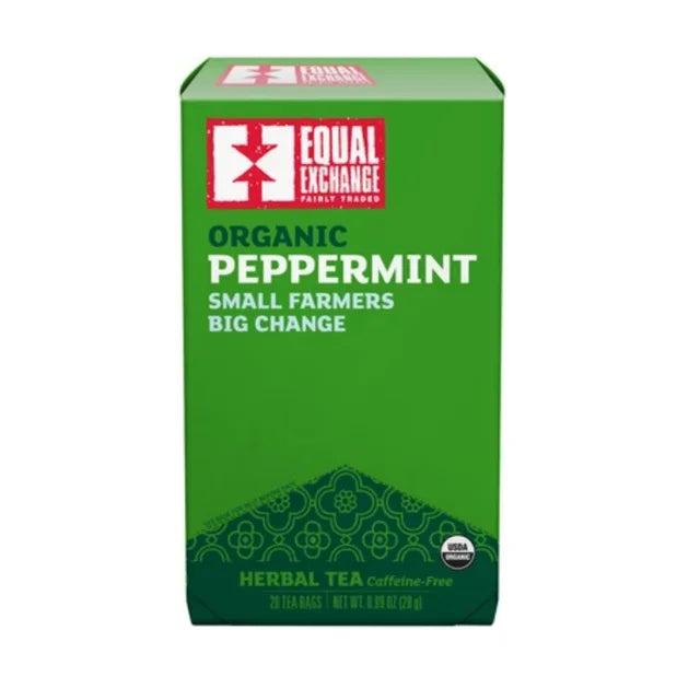 A photo of a box of 20 tea bags of Peppermint Herbal Tea - caffeine free from Equal Exchange - all organic and fair trade. 'Small Farmers, Big Change'