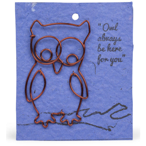 A photo of a wire bookmark in the shape of an owl. It is on a blue card that reads "Owl always be here for you". 