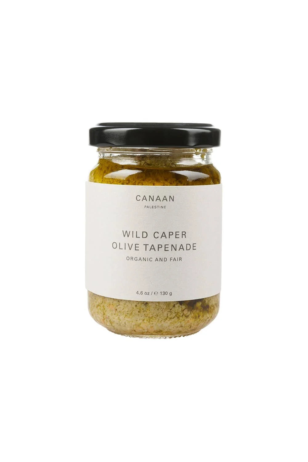 A photo of a jar of Wild Caper Olive Tapenade from Canaan Palestine. 