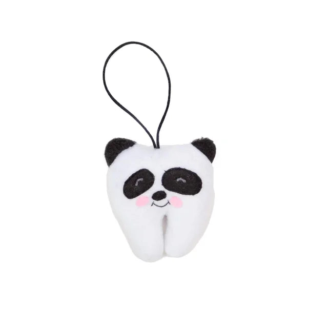 A photo of a tooth fairy pillow which features a hanging loop and a pocket on the back. This one is designed to look like a panda. 