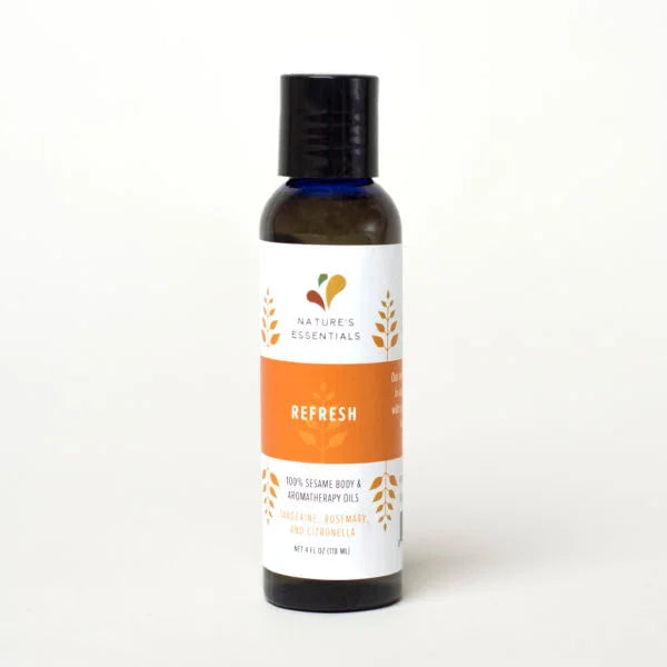 A photo of a bottle of Sesame Body & Aromatherapy Oils from Ghana. This aromatherapy oil is the Refresh.