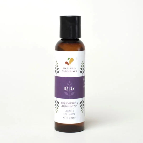 A photo of a bottle of Sesame Body & Aromatherapy Oils from Ghana. This aromatherapy oil is the Relax.