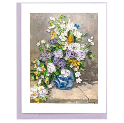 A photo of a card made of quilling art of rolled paper to make a replica of the famous painting Spring Bouquet by Renoir. 