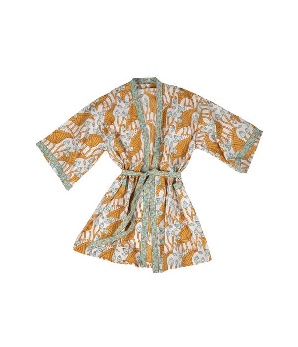 A photo of a block-printed robe from India using fair trade values to make this 100% cotton robe. This one is yellow and turquoise patterned with a white background. 