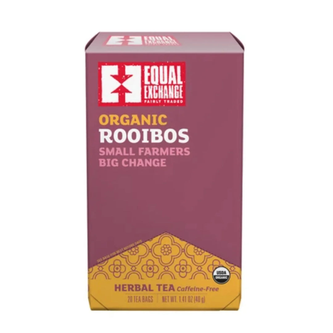 A photo of a box of 20 tea bags of Rooibos Herbal Tea - from Equal Exchange - all organic and fair trade. 'Small Farmers, Big Change'.