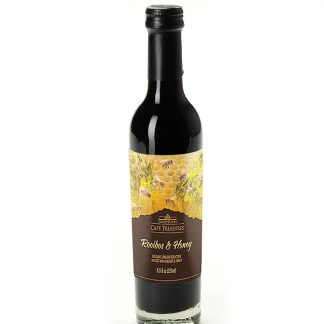 A photo of a bottle of Rooibos and Honey Balsamic Vinegar reduction from Cape Treasures in Cape Town, South Africa.