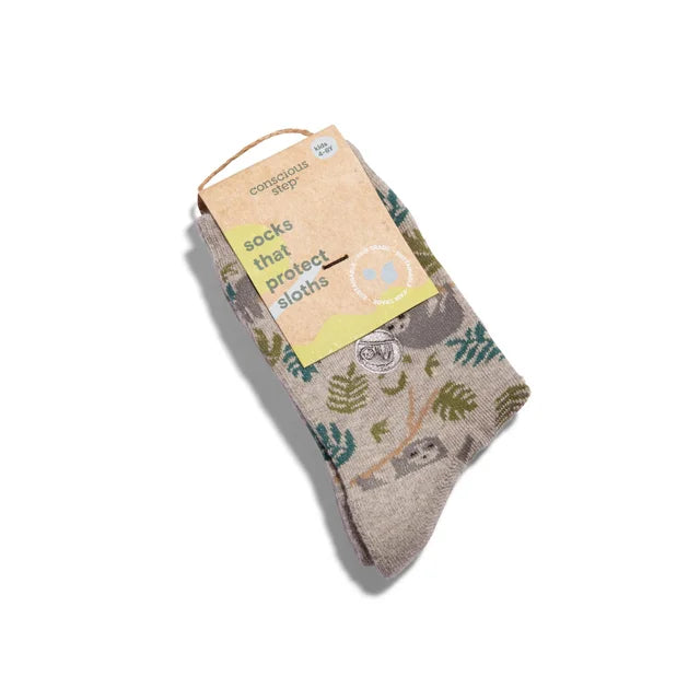 A photo of a pair of kids socks with sloths on them and the packaging that reads "Socks that Protect Sloths".
