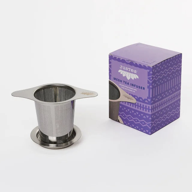 A photo of a metal mesh tea infuser from Justea to use for making loose leaf tea. 