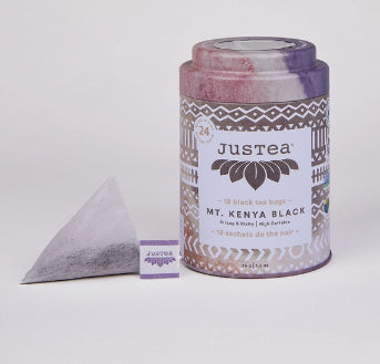 A photo of a container with tea bags from Justea. This is the Mt. Kenya Black Tea. 