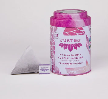 A photo of a container with tea bags from Justea. This is the Purple Jasmine Tea. 