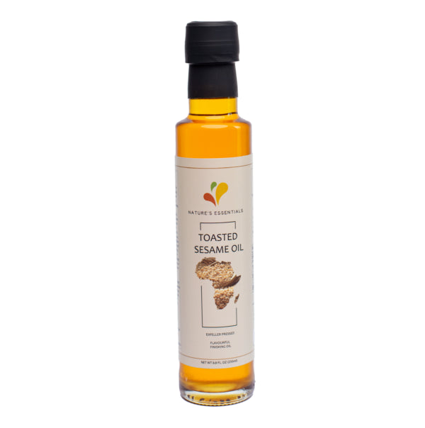 A photo of a bottle of Nature's Essentials Sesame Oil from Ghana. This one is the Toasted flavor. 