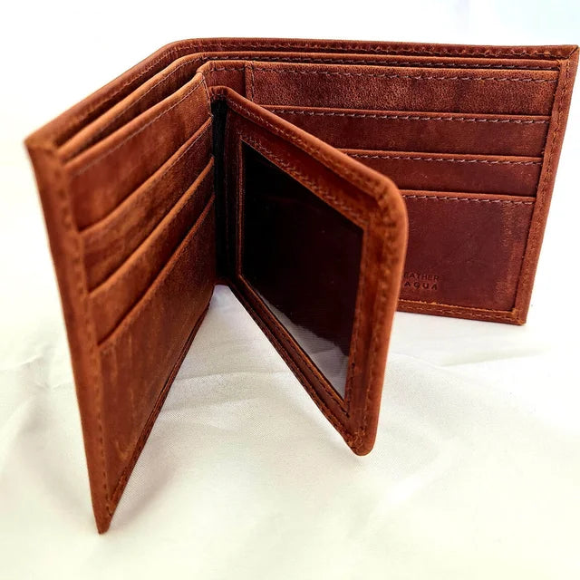 A photo of a brown wallet made of ethical leather in Nicaragua. 