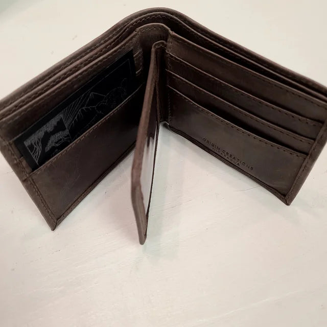 A photo of a brown wallet made of ethical leather in Nicaragua. 