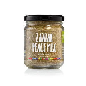 A photo of a jar of Za'atar Peace Mix natural spices. 